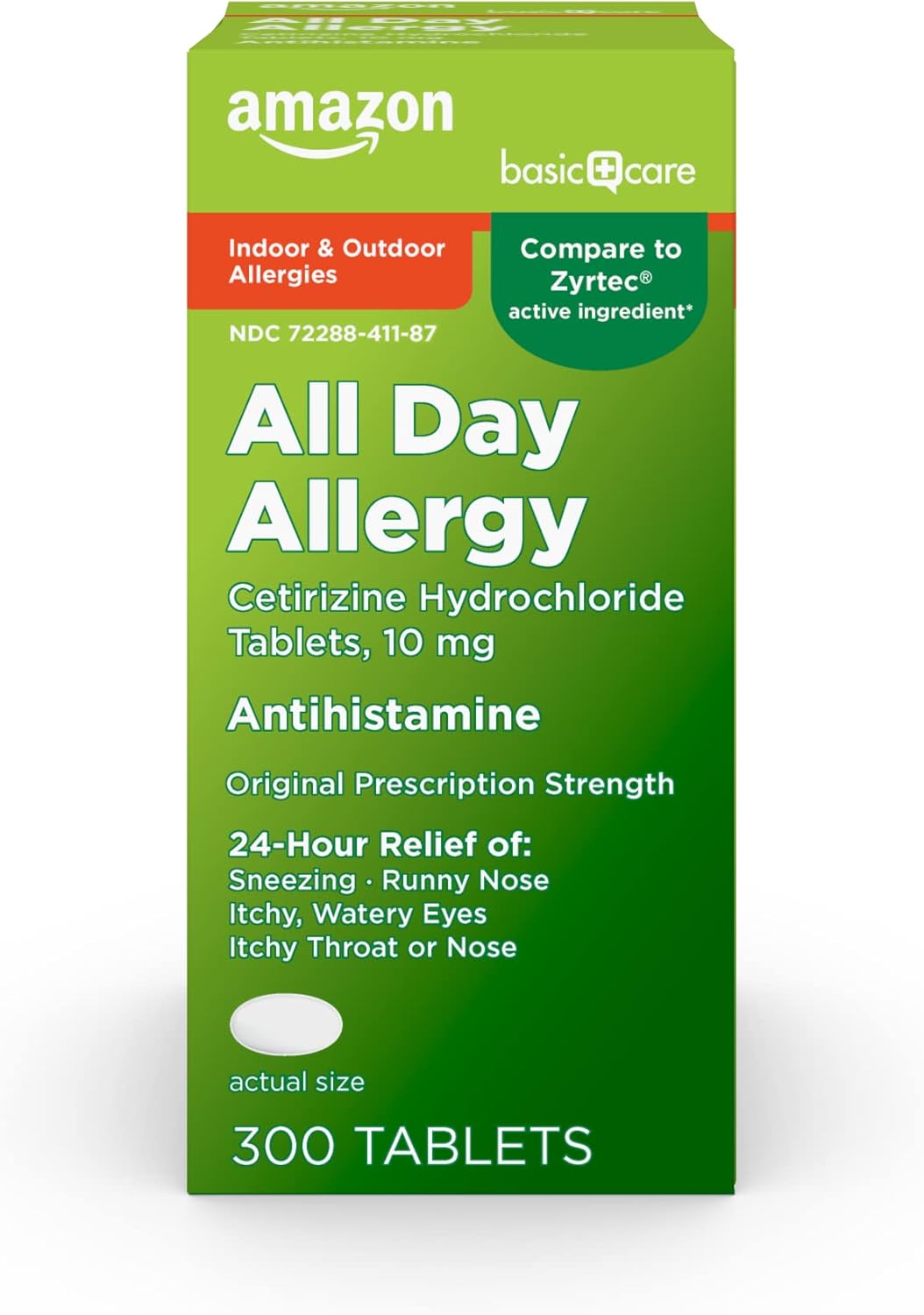 Amazon Basic Care 24 Hour Allergy Relief, Cetirizine Hydrochloride Tablets, 10 mg, 300 Count-0