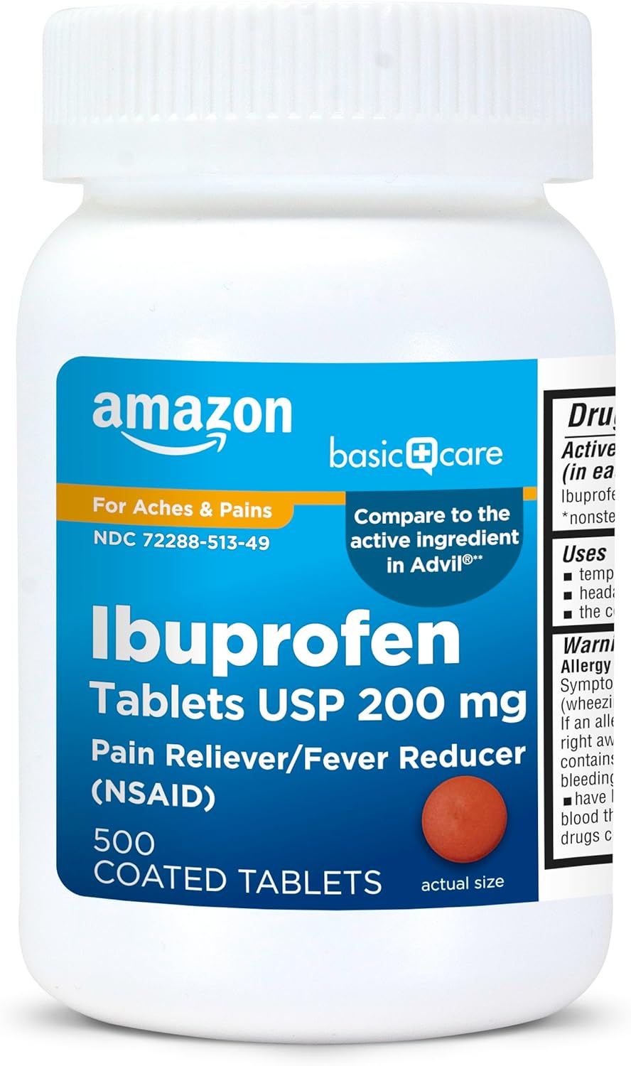 Amazon Basic Care Ibuprofen Tablets 200 mg, Pain Reliever/Fever Reducer, Body Aches, Headache, Arthritis Pain Relief and More, 500 Count (Packaging may vary)-0