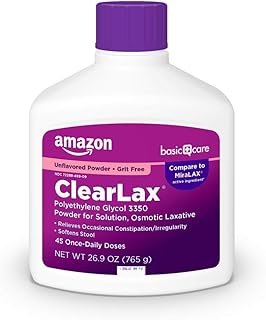 Amazon Basic Care ClearLax Polyethylene Glycol 3350 Powder for Solution, Osmotic Laxative, Relieves Occasional Constipation, Unflavored, 1.68 pound (Pack of 1)