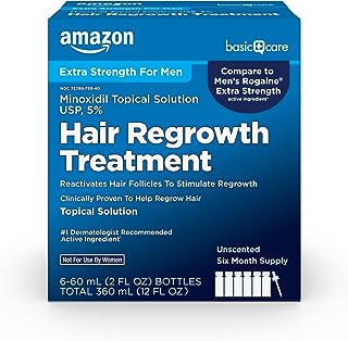 Amazon Basic Care Extra Strength Hair Regrowth Treatment for Men, (Minoxidil Topical Solution USP 5%), 6 Month Supply, Unscented, 2 fl oz (Pack of 6)