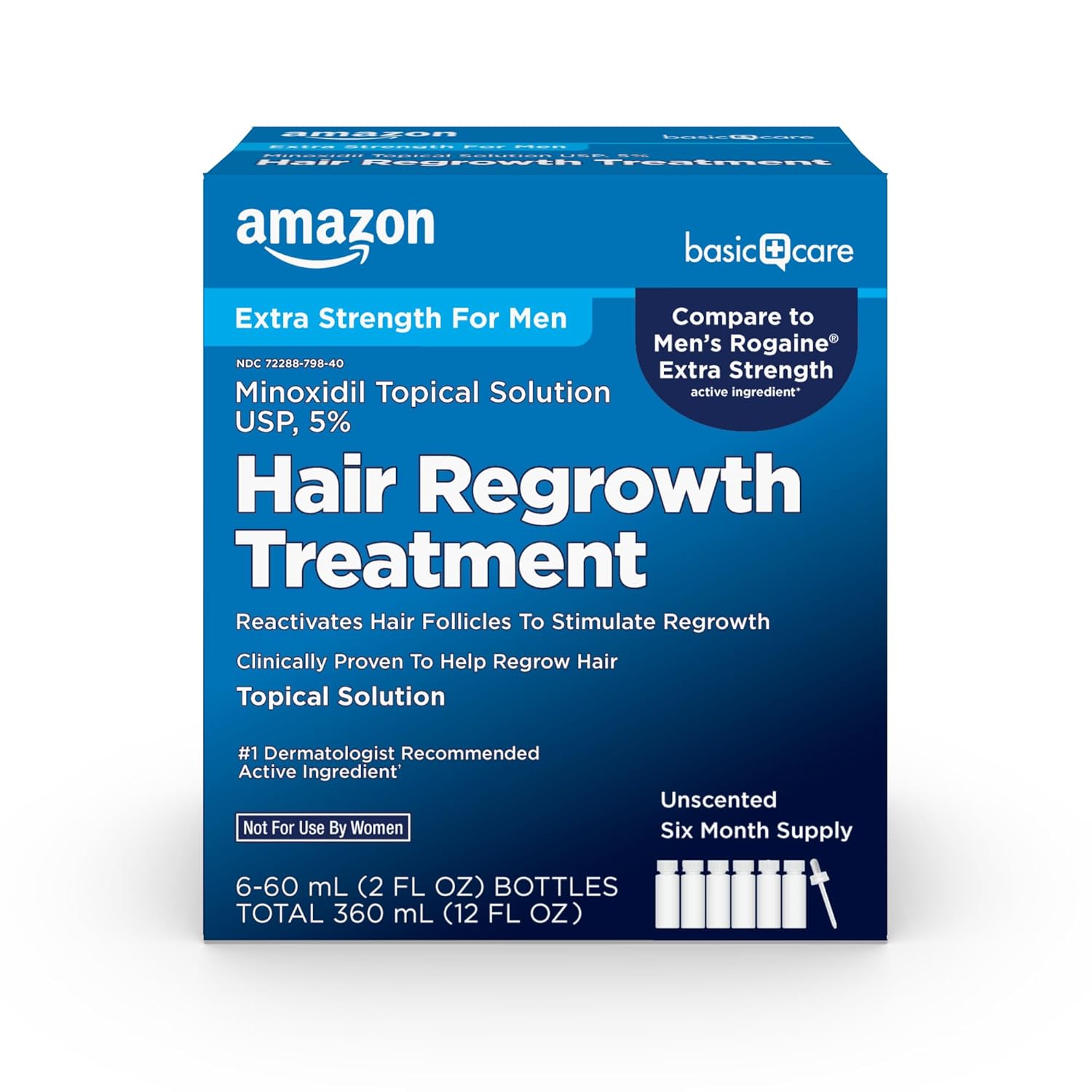 Amazon Basic Care Extra Strength Hair Regrowth Treatment for Men, (Minoxidil Topical Solution USP 5%), 6 Month Supply, Unscented, 2 fl oz (Pack of 6)-0