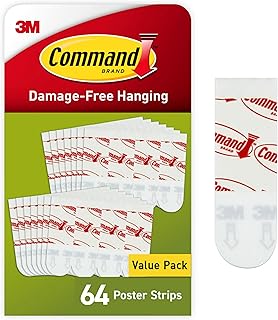 Command Poster Strips, 64 Command Strips Damage Free Hanging Poster Hangers, No Tools Wall Hanging Strips for Home Decor, Room Decor, Wall Decor, and Office Decor, White Adhesive Strips