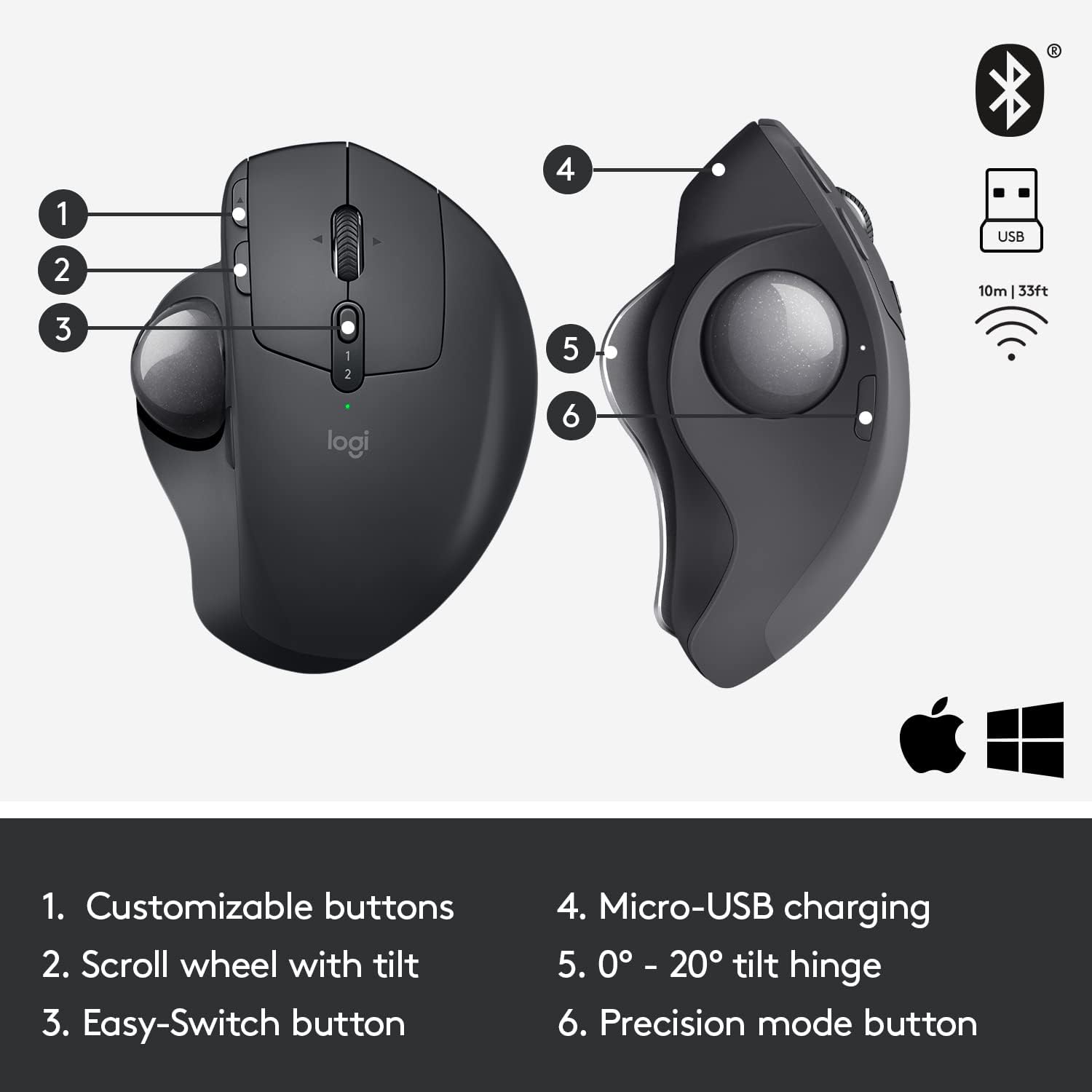 Logitech MX Ergo Wireless Trackball Mouse, Ergonomic Design, Move Content Between 2 Windows and Apple Mac Computers (Bluetooth or USB), Rechargeable-5