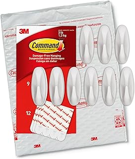 Command Medium Designer Hooks, Damage Free Hanging Wall Hooks with Adhesive Strips, No Tools Wall Hooks for Hanging Decorations in Living Spaces, 9 White Hooks and 12 Command Strips