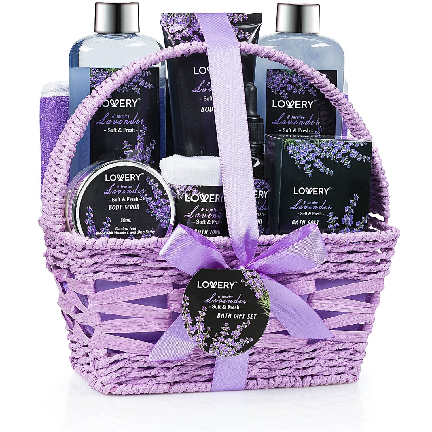 Spa Gift Basket, Luxury 9pc Bath & Body Set For Women & Men, Lavender & Jasmine Scent With Shower Gel, Bubble Bath, Lotion, Bath Salt, Body Scrub, Massage Oil, Loofah & Basket-0