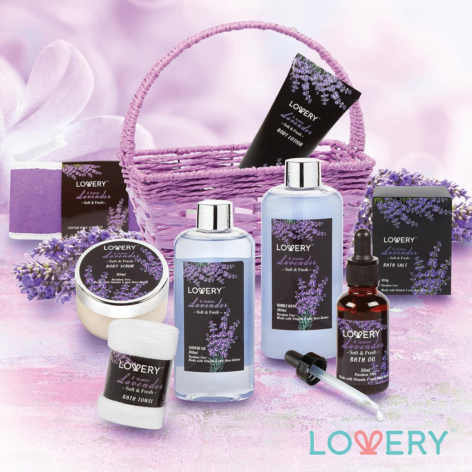 Spa Gift Basket, Luxury 9pc Bath & Body Set For Women & Men, Lavender & Jasmine Scent With Shower Gel, Bubble Bath, Lotion, Bath Salt, Body Scrub, Massage Oil, Loofah & Basket-1