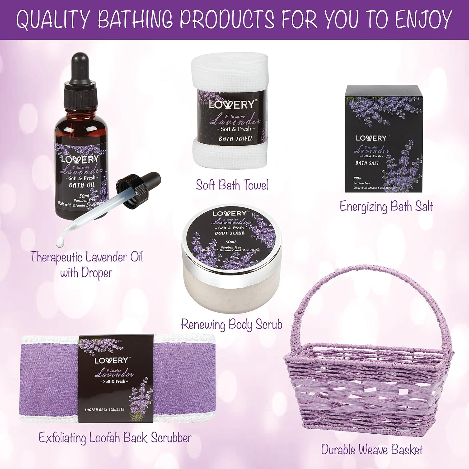 Spa Gift Basket, Luxury 9pc Bath & Body Set For Women & Men, Lavender & Jasmine Scent With Shower Gel, Bubble Bath, Lotion, Bath Salt, Body Scrub, Massage Oil, Loofah & Basket-3