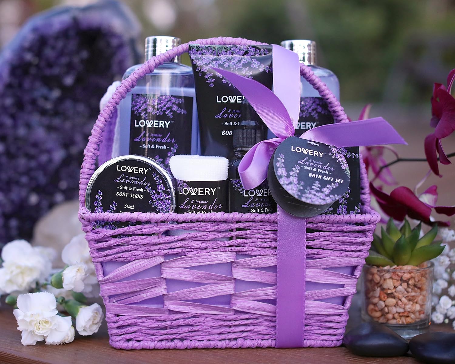 Spa Gift Basket, Luxury 9pc Bath & Body Set For Women & Men, Lavender & Jasmine Scent With Shower Gel, Bubble Bath, Lotion, Bath Salt, Body Scrub, Massage Oil, Loofah & Basket-4