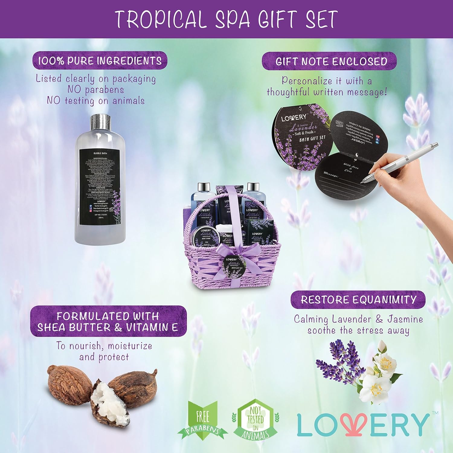 Spa Gift Basket, Luxury 9pc Bath & Body Set For Women & Men, Lavender & Jasmine Scent With Shower Gel, Bubble Bath, Lotion, Bath Salt, Body Scrub, Massage Oil, Loofah & Basket-5