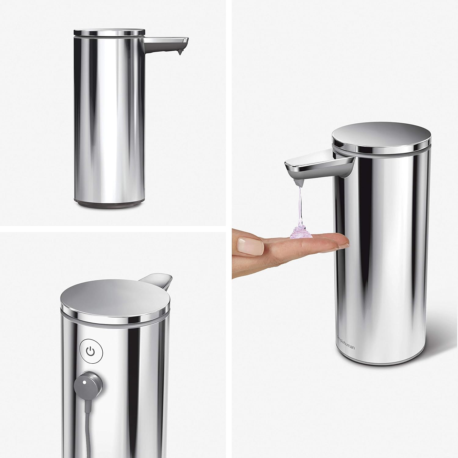 simplehuman 9 oz. Touch-Free Rechargeable Sensor Liquid Soap Pump Dispenser, Polished Stainless Steel-1