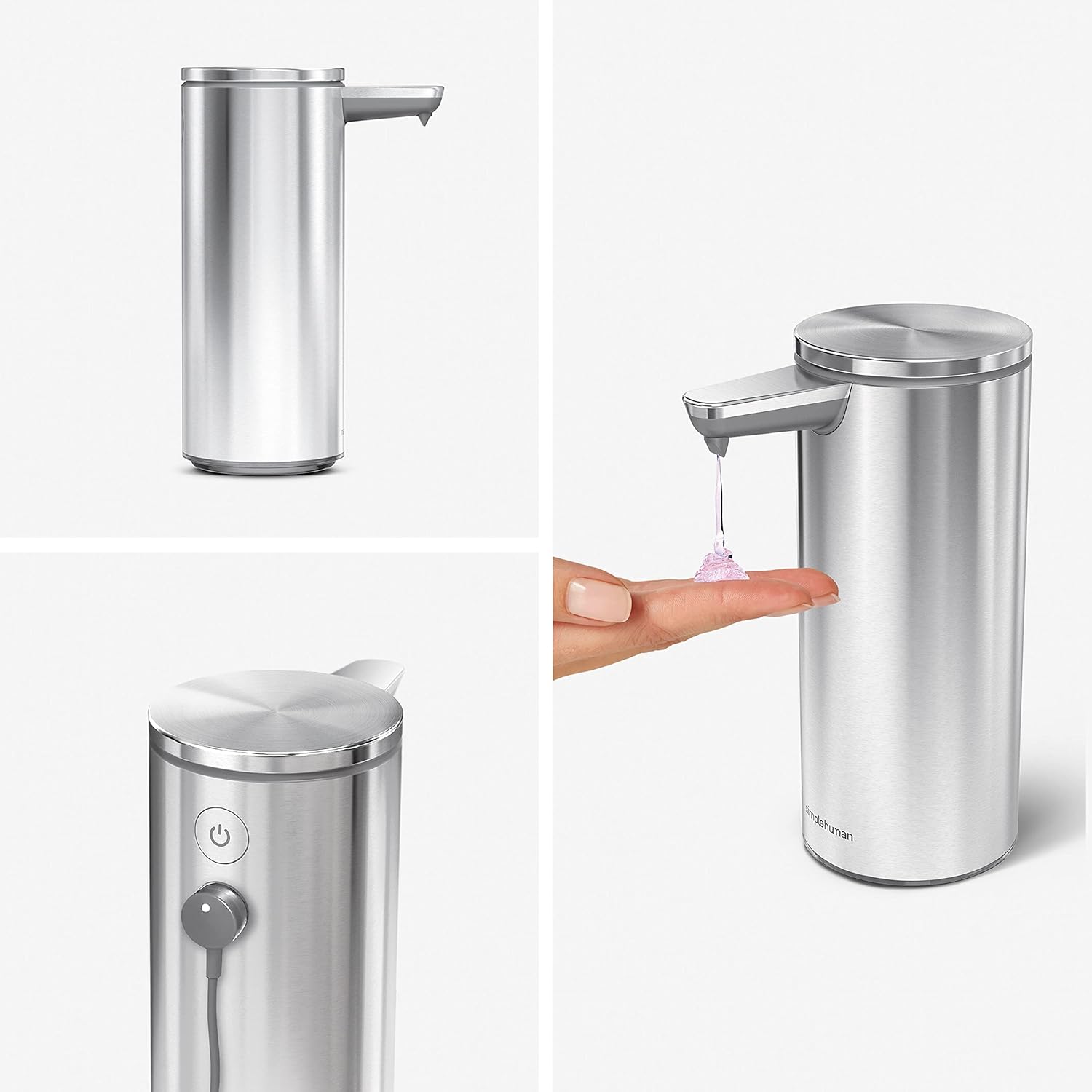 simplehuman 9 oz. Touch-Free Rechargeable Sensor Liquid Soap Pump Dispenser, Brushed Stainless Steel-2