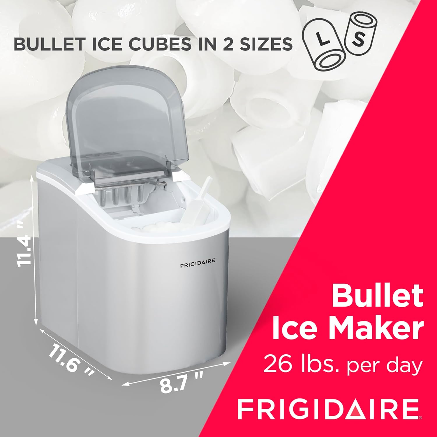 Frigidaire Ice Maker EFIC189, Countertop Ice Maker with Transparent Window, Bullet Ice Maker, 26 lbs. Capacity per day, Small Ice Maker Machine – 11.6D x 8.7W x 11.4H, Silver (Packaging May Vary)-2