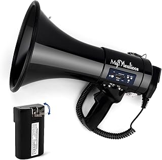 MyMealivos Megaphone with Siren Bullhorn 50 Watt Bullhorn Speaker with Detachable Microphone, Portable Lightweight Strap & 3.5mm Aux Input