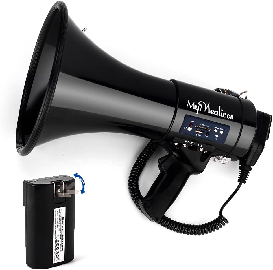 MyMealivos Megaphone with Siren Bullhorn 50 Watt Bullhorn Speaker with Detachable Microphone, Portable Lightweight Strap & 3.5mm Aux Input-0