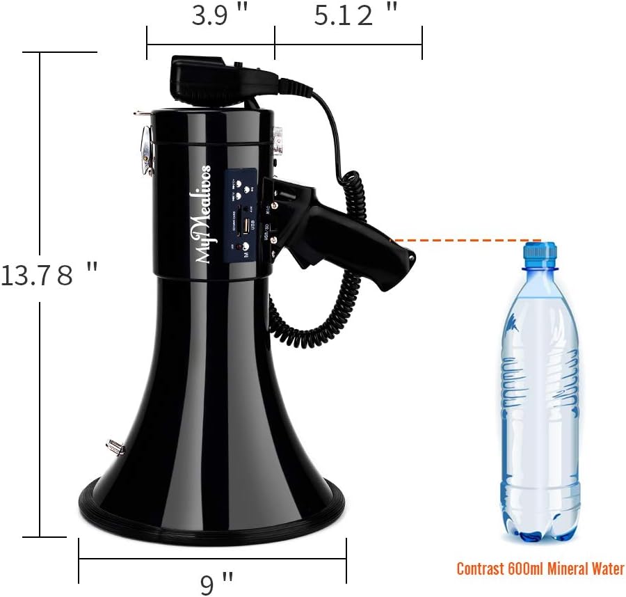 MyMealivos Megaphone with Siren Bullhorn 50 Watt Bullhorn Speaker with Detachable Microphone, Portable Lightweight Strap & 3.5mm Aux Input-1