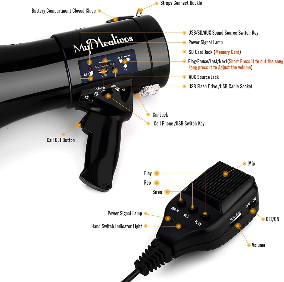 MyMealivos Megaphone with Siren Bullhorn 50 Watt Bullhorn Speaker with Detachable Microphone, Portable Lightweight Strap & 3.5mm Aux Input-3