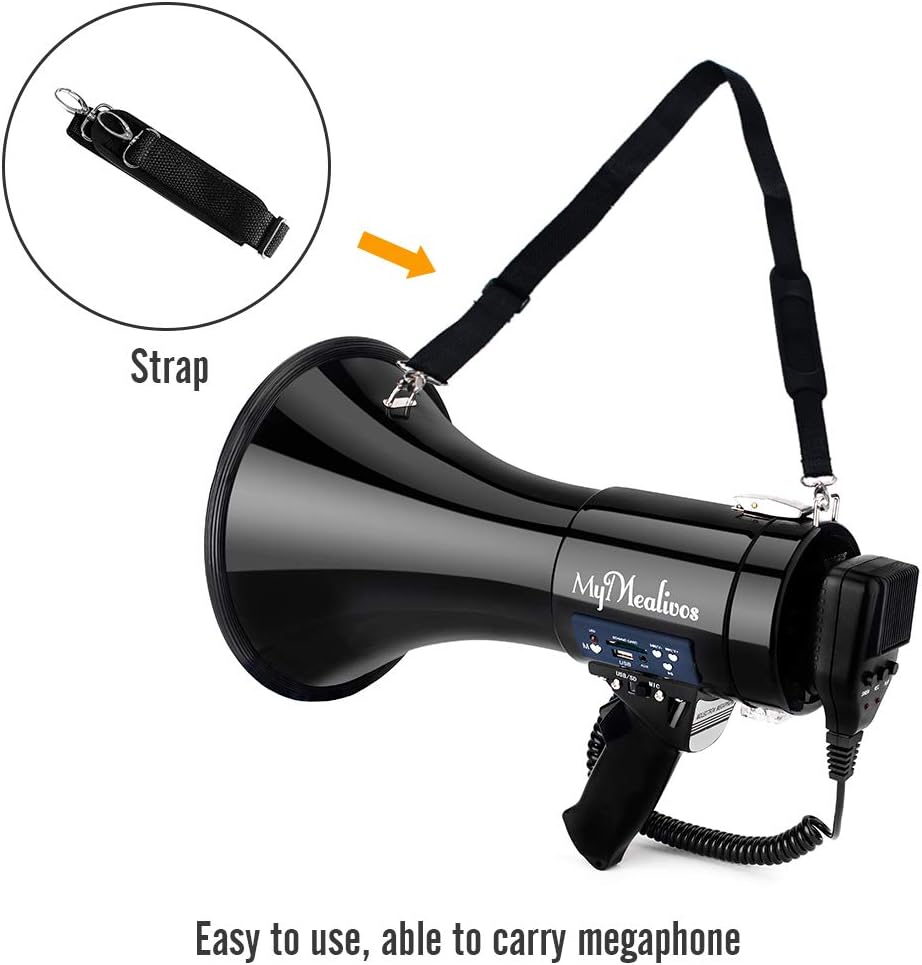 MyMealivos Megaphone with Siren Bullhorn 50 Watt Bullhorn Speaker with Detachable Microphone, Portable Lightweight Strap & 3.5mm Aux Input-4