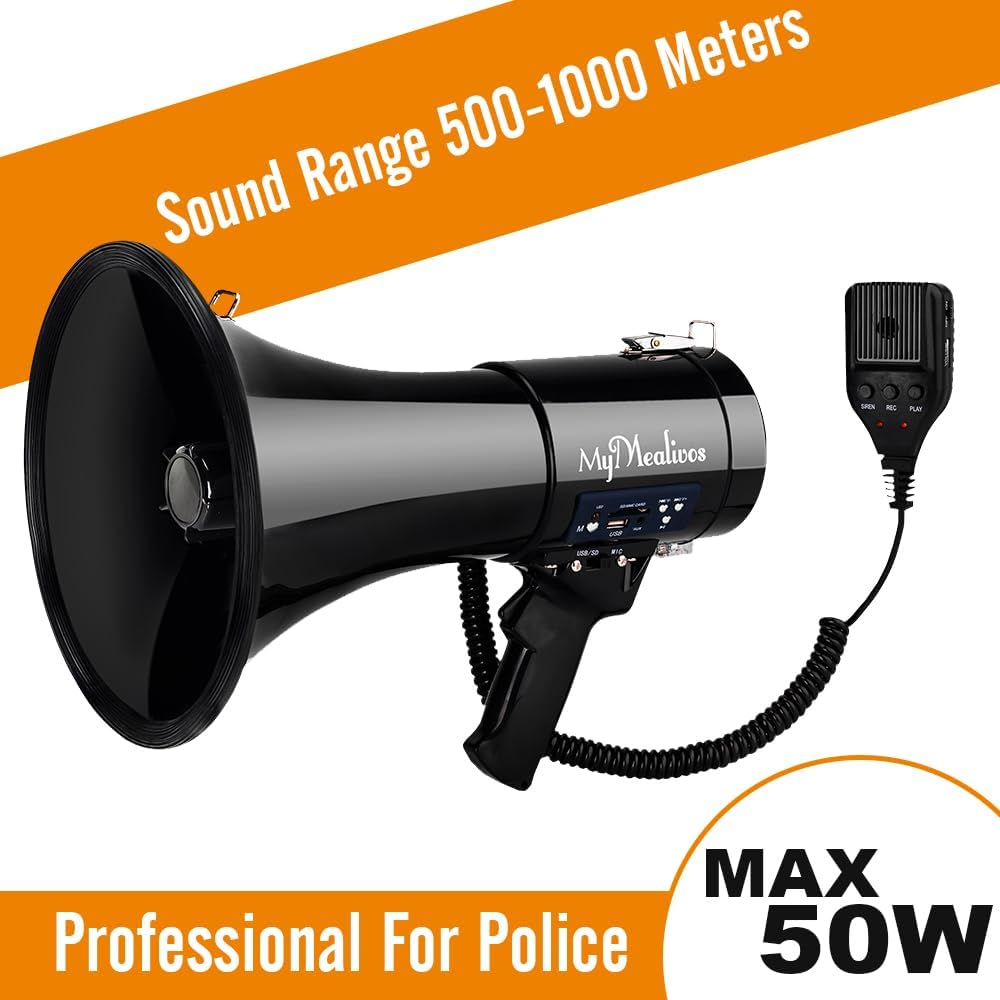 MyMealivos Megaphone with Siren Bullhorn 50 Watt Bullhorn Speaker with Detachable Microphone, Portable Lightweight Strap & 3.5mm Aux Input-6