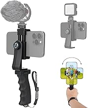 Ergonomic Anti-falling Cell Phone Vlogging Hand Grip Stabilizer Smartphone Holder Rig Mount Video Kit w/Safety Strap Portable Selfie Stick for iPhone Samsung (Landscape+Portrait)-Mic/Light Adapter