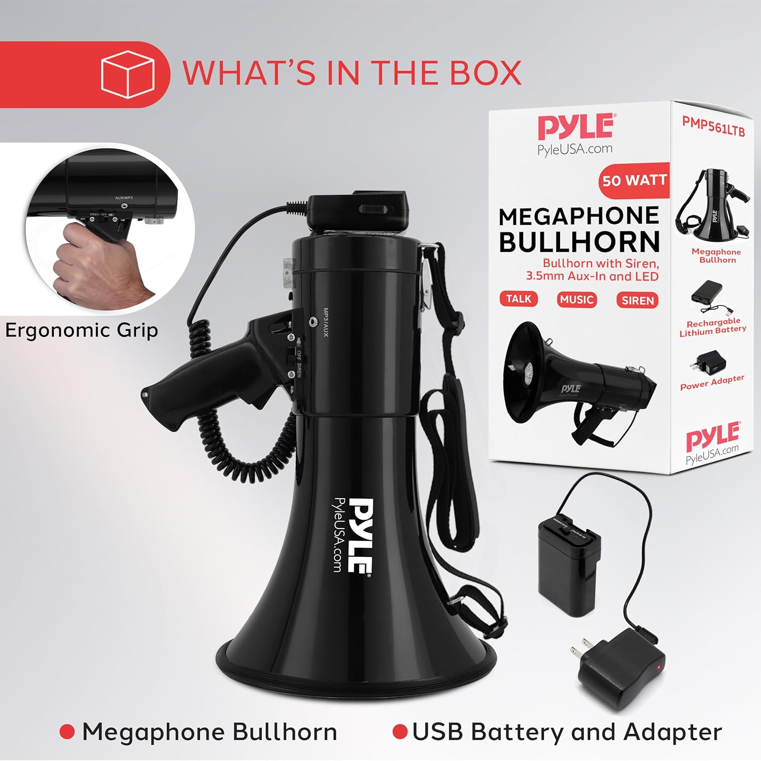 Pyle 50W Portable Megaphone Bullhorn Speaker with Microphone, Alarm Siren & Adjustable Volume - Indoor/Outdoor Use-6