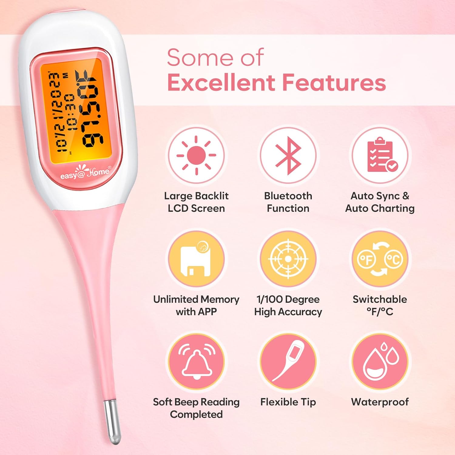 Easy@Home Smart Basal Thermometer, Large Screen and Backlit, FSA Eligible, Period Tracker with Premom(iOS & Android) - Auto BBT Sync, Charting, Coverline & Accurate Fertility Prediction EBT-300-1