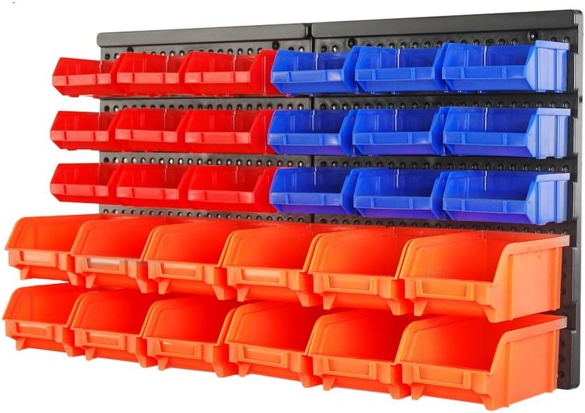 HORUSDY Wall Mounted Storage Bins Parts Rack 30PC Organizer Garage Plastic Shop Tool for Men's Gift, Blue,Orange,Red-0