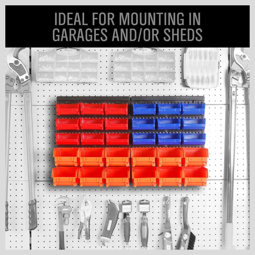 HORUSDY Wall Mounted Storage Bins Parts Rack 30PC Organizer Garage Plastic Shop Tool for Men's Gift, Blue,Orange,Red-2