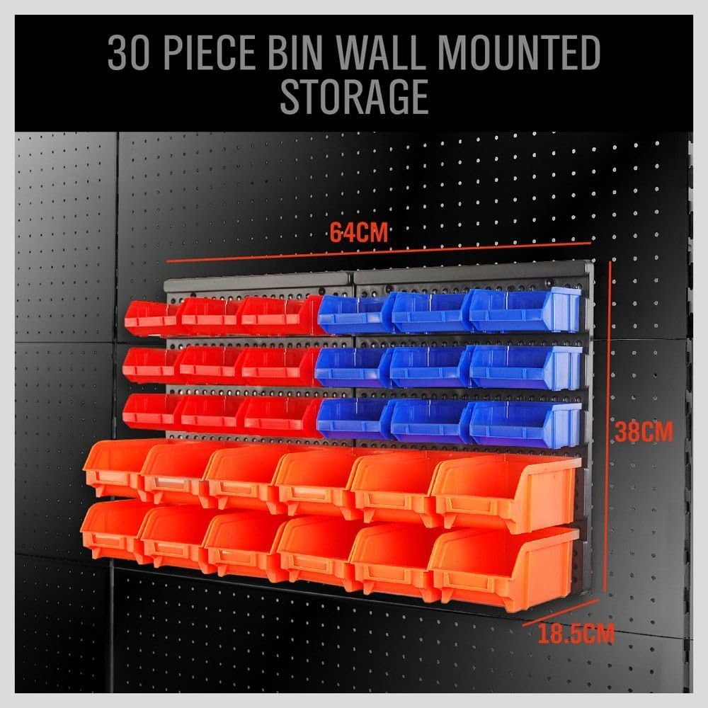 HORUSDY Wall Mounted Storage Bins Parts Rack 30PC Organizer Garage Plastic Shop Tool for Men's Gift, Blue,Orange,Red-8