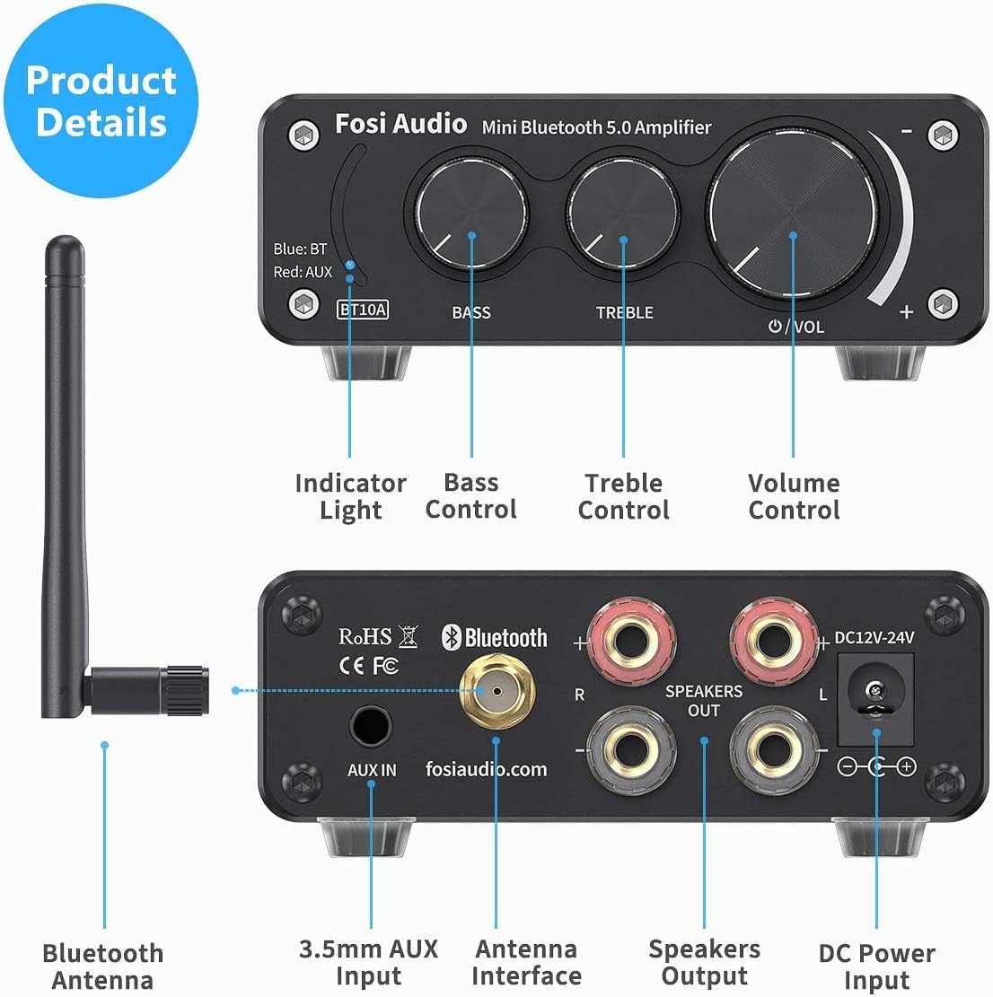 Fosi Audio BT10A Bluetooth 5.0 Stereo Audio Amplifier Receiver 2 Channel Class D Mini Hi-Fi Integrated Amp for Home Passive Speakers 50W x 2 TPA3116-2