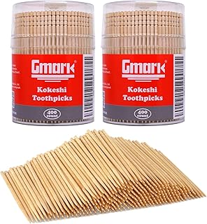 Gmark Wooden Toothpicks 3200 Pieces Kokeshi Style, Cocktail Safe Use Sturdy Round Holder 8 Packs of 400, 2.6" Kokeshi Toothpicks - Japanese Style, Party Appetizer Olive Fruit Teeth Cleaning GM1068