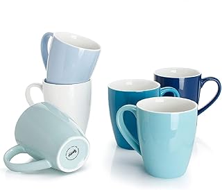 Sweese Porcelain Coffee Mugs - 16 Ounce - Set of 6, Cups for Latte, Hot Tea, Cappuccino, Mocha, Cocoa, Multicolor, Blue Assorted Colors