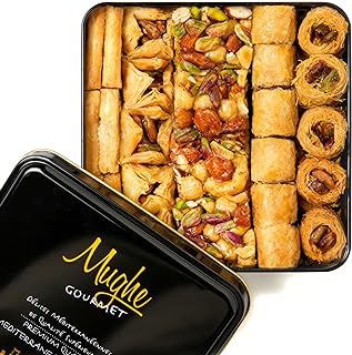 MUGHE GOURMET Luxury Baklava Pastry Metal Gift Box - 1.65lb/750g - Rich Pistachios, Walnuts, Cashews Double Layered Halal Baklawa Kadayif Dessert Basket- Perfect for Christmas, Sweet Food Gifts for Women, Men