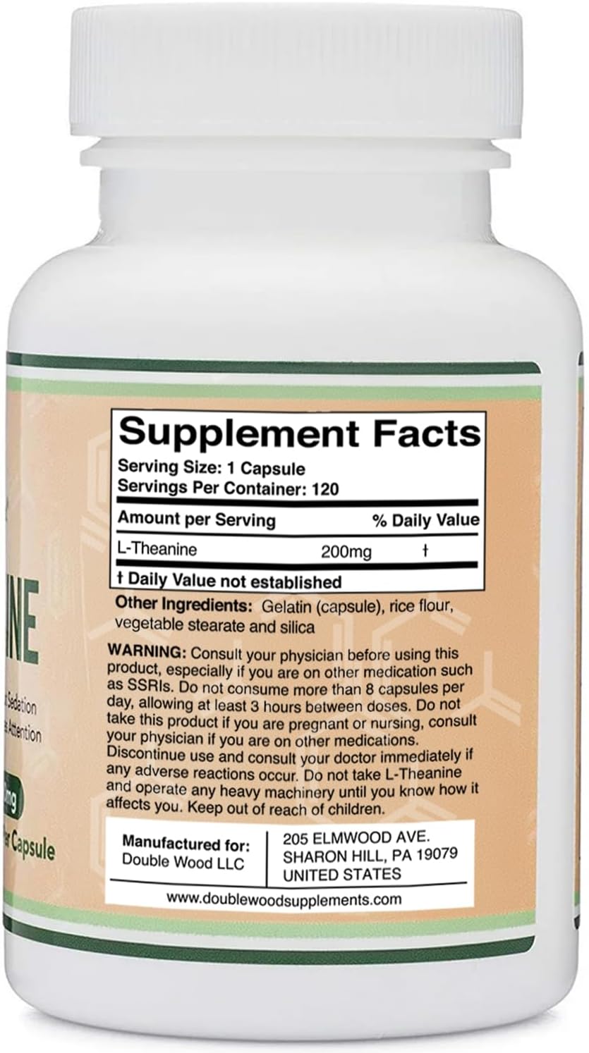 L-Theanine Supplement 200mg, 120 Capsules (Soy Free, Gluten Free, Non-GMO, Third Party Tested) Synergy with Magnesium L-Threonate and Apigenin by Double Wood-2