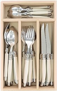 Andre Verdier Laguiole Debutant 24 Piece Flatware Set, Steak Knives, Forks, Soup Spoons, Teaspoons, Ivory Color, Made In France