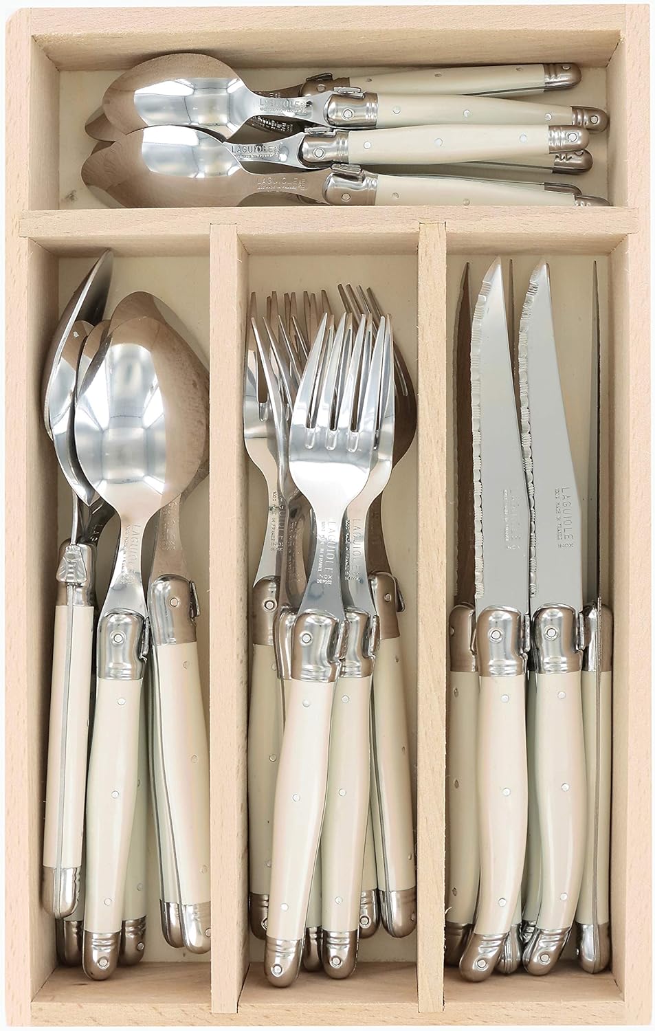 Andre Verdier Laguiole Debutant 24 Piece Flatware Set, Steak Knives, Forks, Soup Spoons, Teaspoons, Ivory Color, Made In France-0