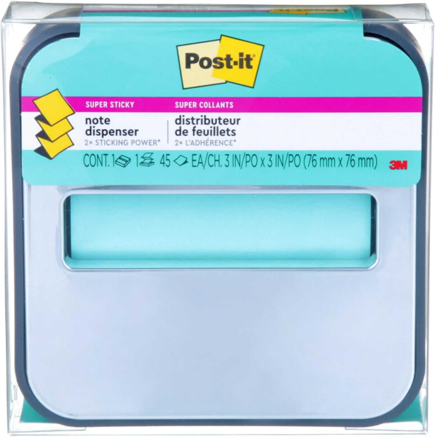 Post-it Note Dispenser with Post-it Pop-up Notes, Black Base with Steel Top, 1 Aqua Splash 3 in. x 3 in. Super Sticky Note Pad, Classroom or Office Supplies-1