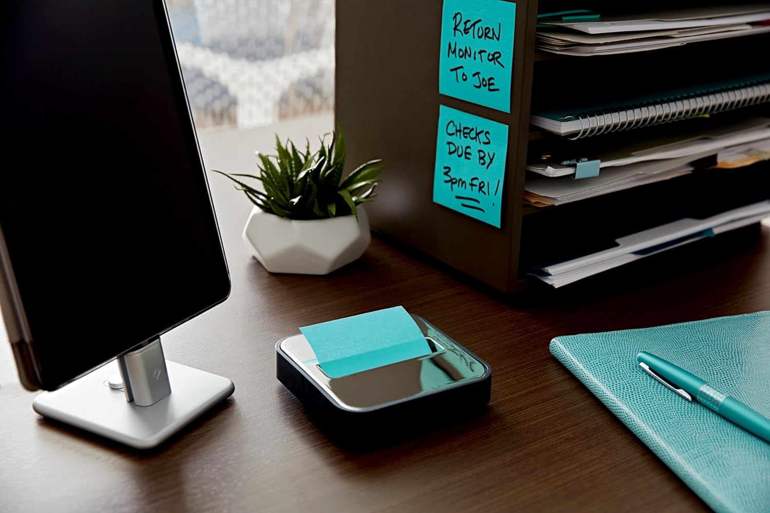 Post-it Note Dispenser with Post-it Pop-up Notes, Black Base with Steel Top, 1 Aqua Splash 3 in. x 3 in. Super Sticky Note Pad, Classroom or Office Supplies-4