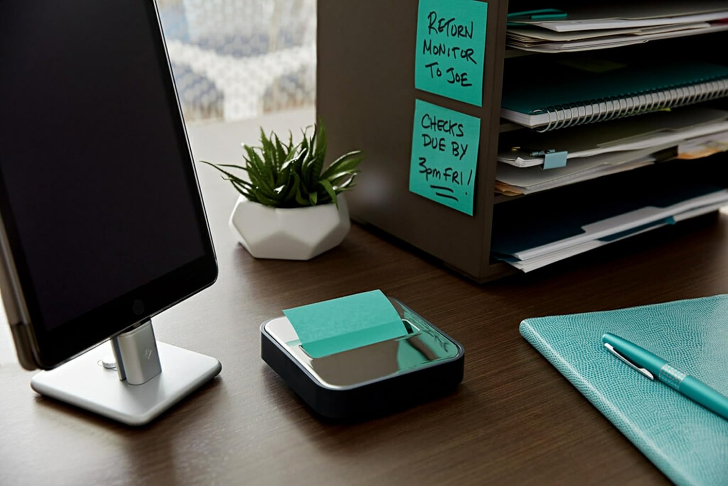 Post-it Note Dispenser with Post-it Pop-up Notes, Black Base with Steel Top, 1 Aqua Splash 3 in. x 3 in. Super Sticky Note Pad, Classroom or Office Supplies-5