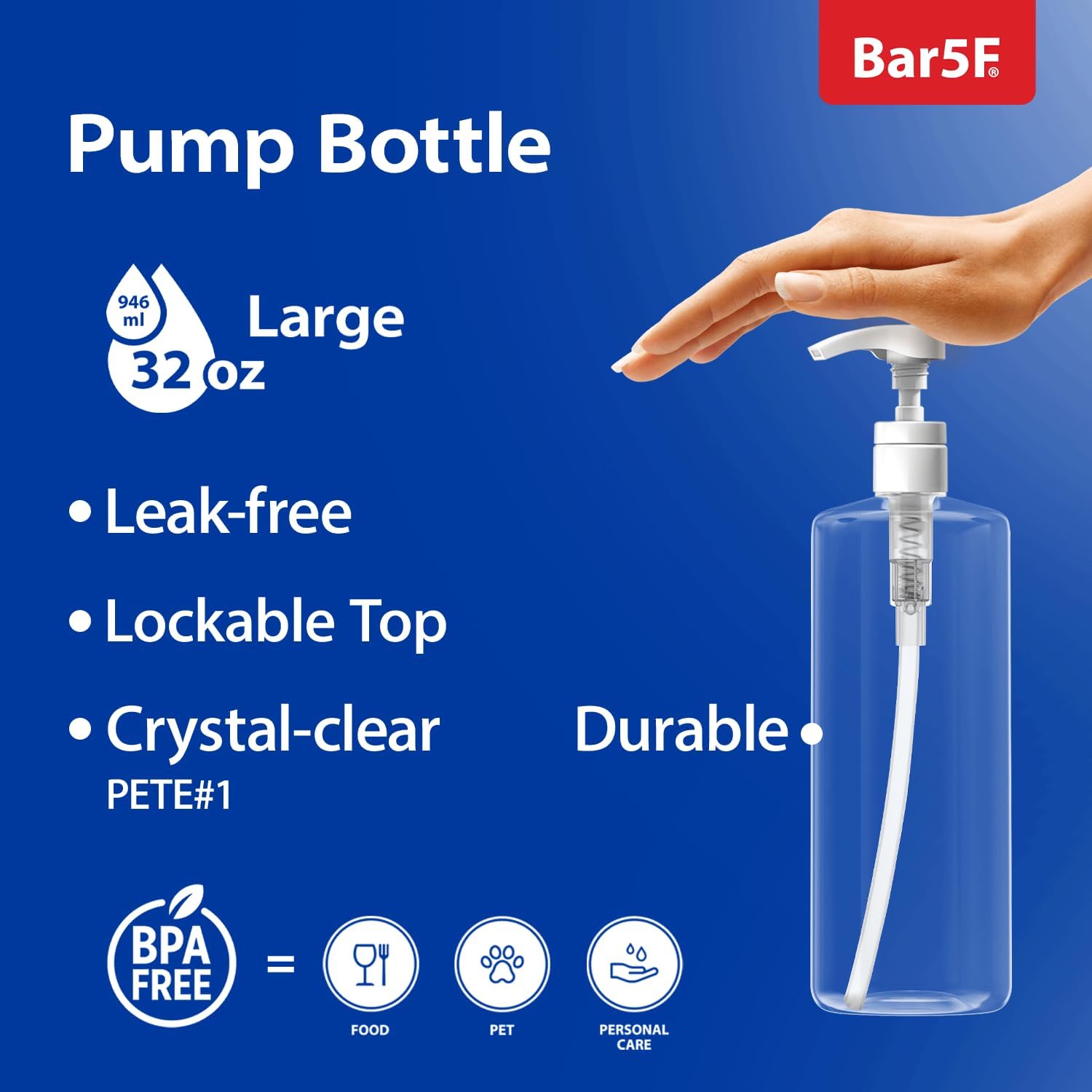 Bar5F Pump Bottle 32-Ounce 1-Liter Empty for Shampoo Conditioner Body Wash Lotion BPA-Free Crystal-Clear-1