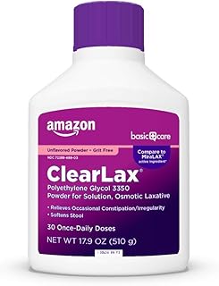 Amazon Basic Care ClearLax, Polyethylene Glycol 3350 Powder for Solution, Osmotic Laxative, Unflavored, 1.11 pound (Pack of 1)