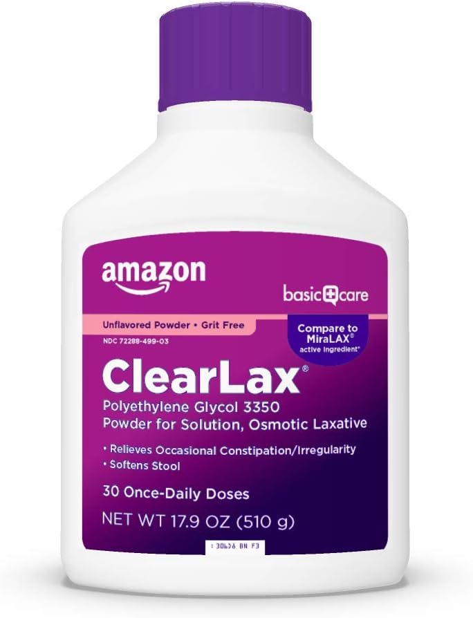 Amazon Basic Care ClearLax, Polyethylene Glycol 3350 Powder for Solution, Osmotic Laxative, Unflavored, 1.11 pound (Pack of 1)-0