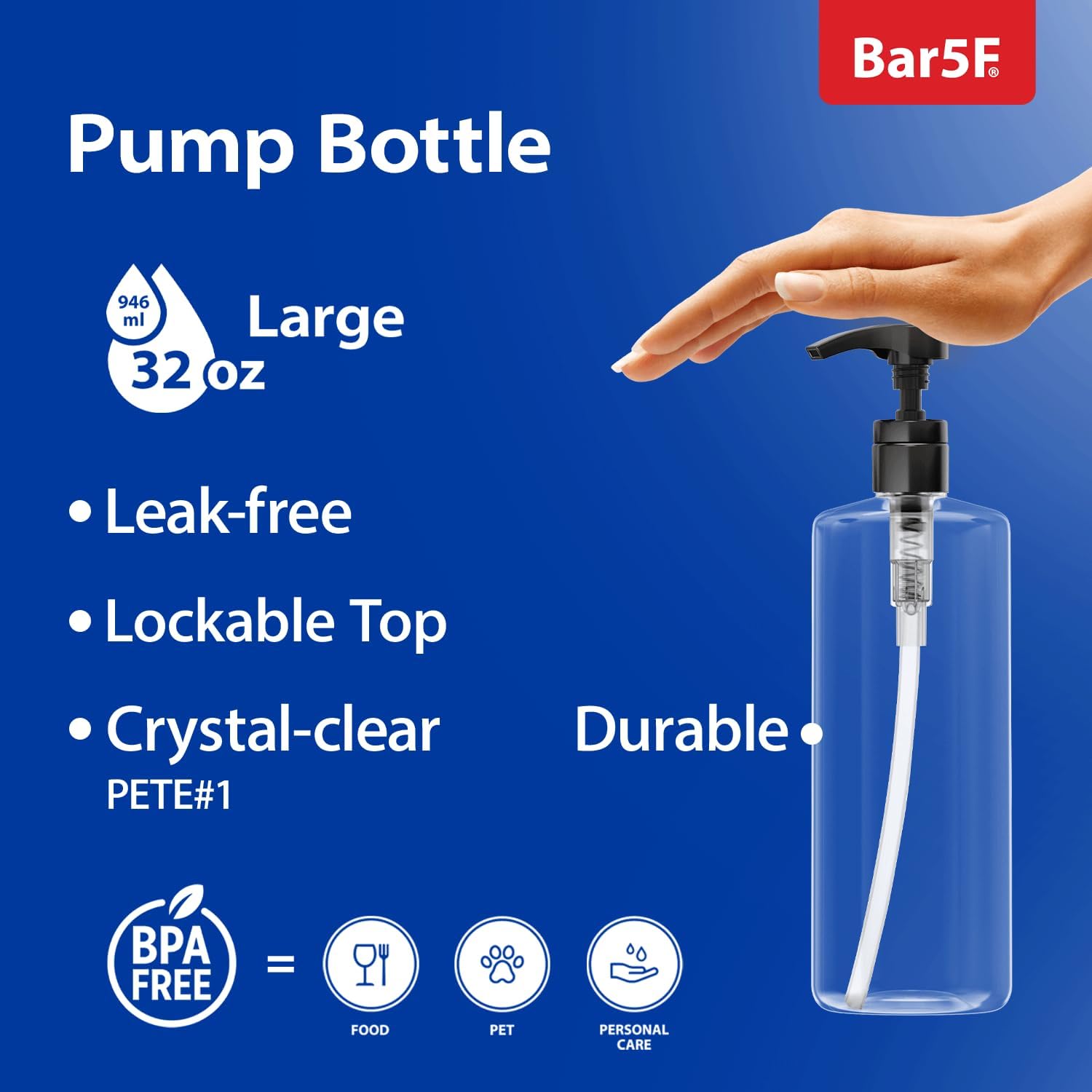 Bar5F Empty Shampoo Bottles with Pumps (2-Pack 32oz/1Liter/Large) BPA-Free PETE1 Plastic Bottle Crystal-Clear-1