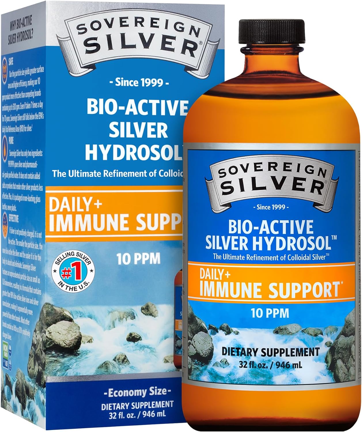 Sovereign Silver Bio-Active Silver Hydrosol for Immune Support - Colloidal Silver - 10 ppm, 32oz (946mL) - Family Size-0