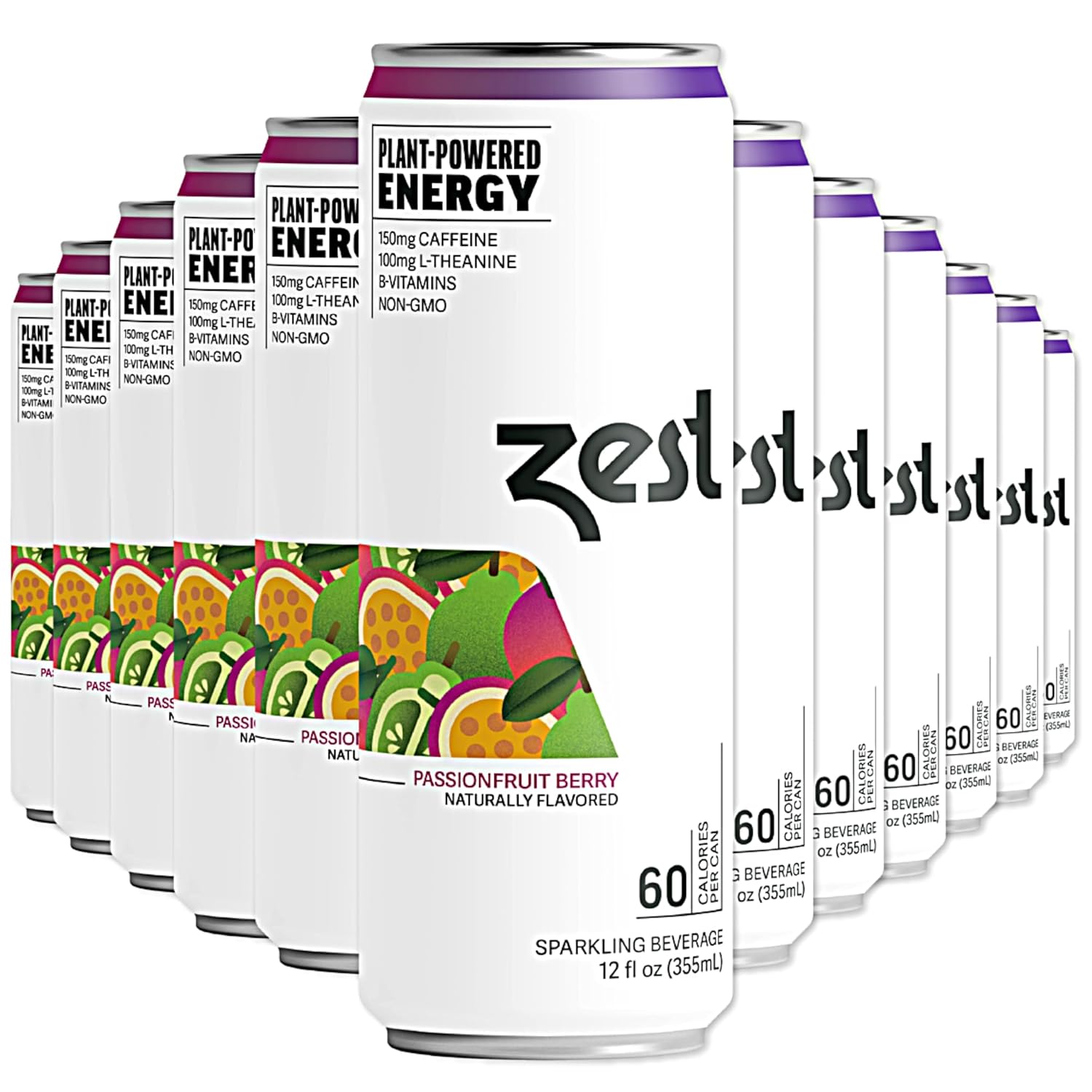 Zest Plant Powered Natural Energy Sparkling Drink - Passionfruit Berry - 150mg Caffeine + 100 mg L-Theanine - 12oz Can 12 Pack - Low Sugar, 60 Cals, Healthy Coffee Substitute, Non GMO High Caff Blend-0