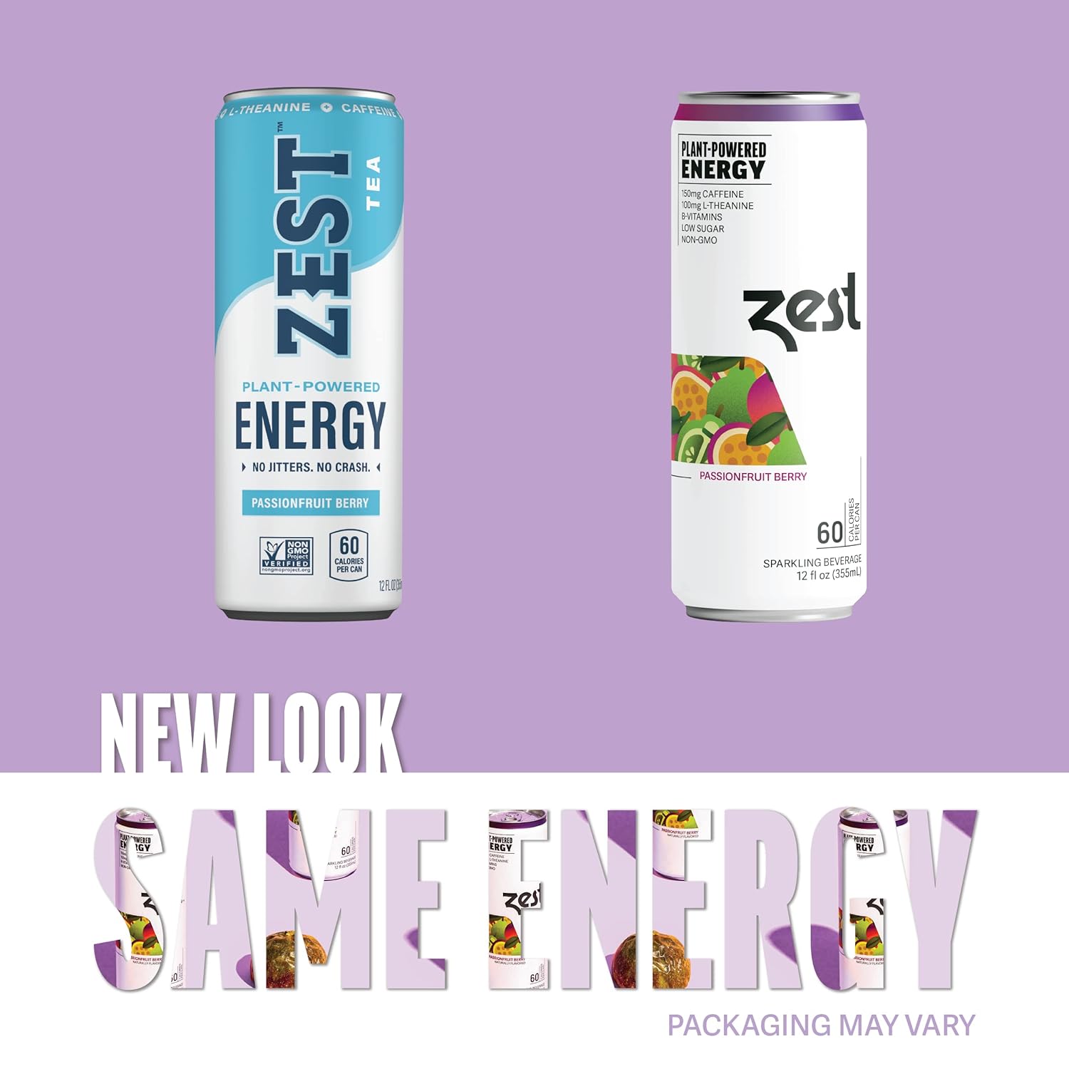 Zest Plant Powered Natural Energy Sparkling Drink - Passionfruit Berry - 150mg Caffeine + 100 mg L-Theanine - 12oz Can 12 Pack - Low Sugar, 60 Cals, Healthy Coffee Substitute, Non GMO High Caff Blend-1