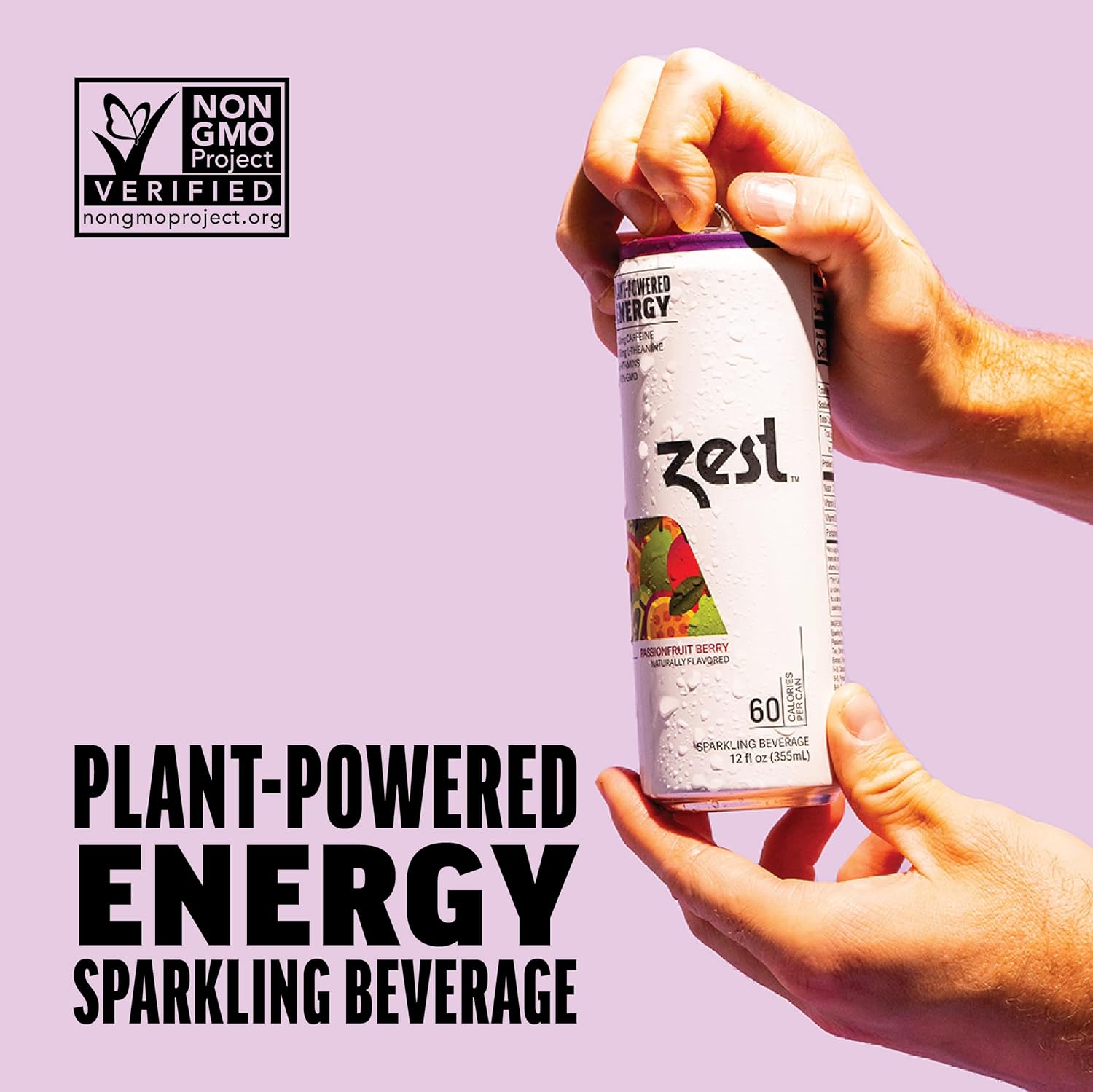 Zest Plant Powered Natural Energy Sparkling Drink - Passionfruit Berry - 150mg Caffeine + 100 mg L-Theanine - 12oz Can 12 Pack - Low Sugar, 60 Cals, Healthy Coffee Substitute, Non GMO High Caff Blend-2