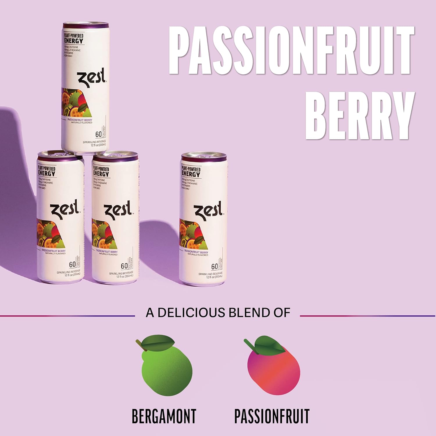 Zest Plant Powered Natural Energy Sparkling Drink - Passionfruit Berry - 150mg Caffeine + 100 mg L-Theanine - 12oz Can 12 Pack - Low Sugar, 60 Cals, Healthy Coffee Substitute, Non GMO High Caff Blend-4