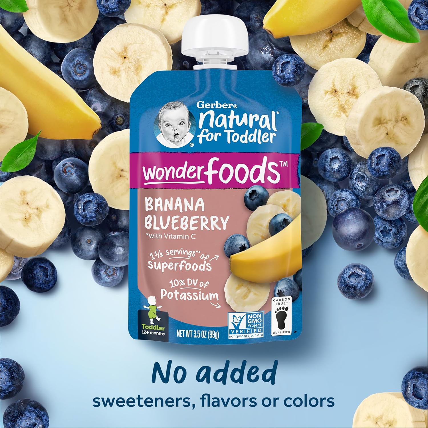 Gerber Baby Food Pouches, Toddler 12+ Months, WonderFoods, Banana Blueberry, 3.5 Ounce (Pack of 12)-1