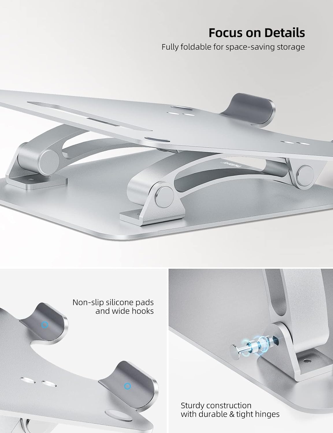 Nulaxy Fully Adjustable Laptop Stand for Desk, Dual Foldable Aluminum Computer Riser with Heat-Vent, Ergonomic Notebook Holder Portable Office Accessories Compatible with All 10-17" Laptops, Silver-4