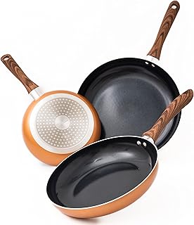 Frying Pan Set Non-Stick Copper Coated Stainless-Steel Induction Base For Cooking Frying On All Hobs With Wooden Handle Pfoa Free Dishwasher Safe Set of 3 Pcs 8' 9.5' 11' – By Nuovva